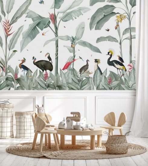 casela birds wallpaper from the Moris collection with a wooden base in curly wood.