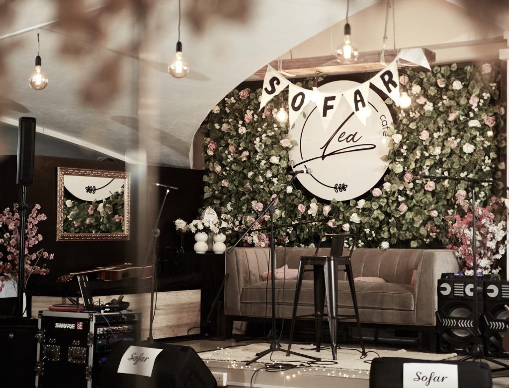 the stage for a Sofar Event at Lea Cafe in Port Louis.